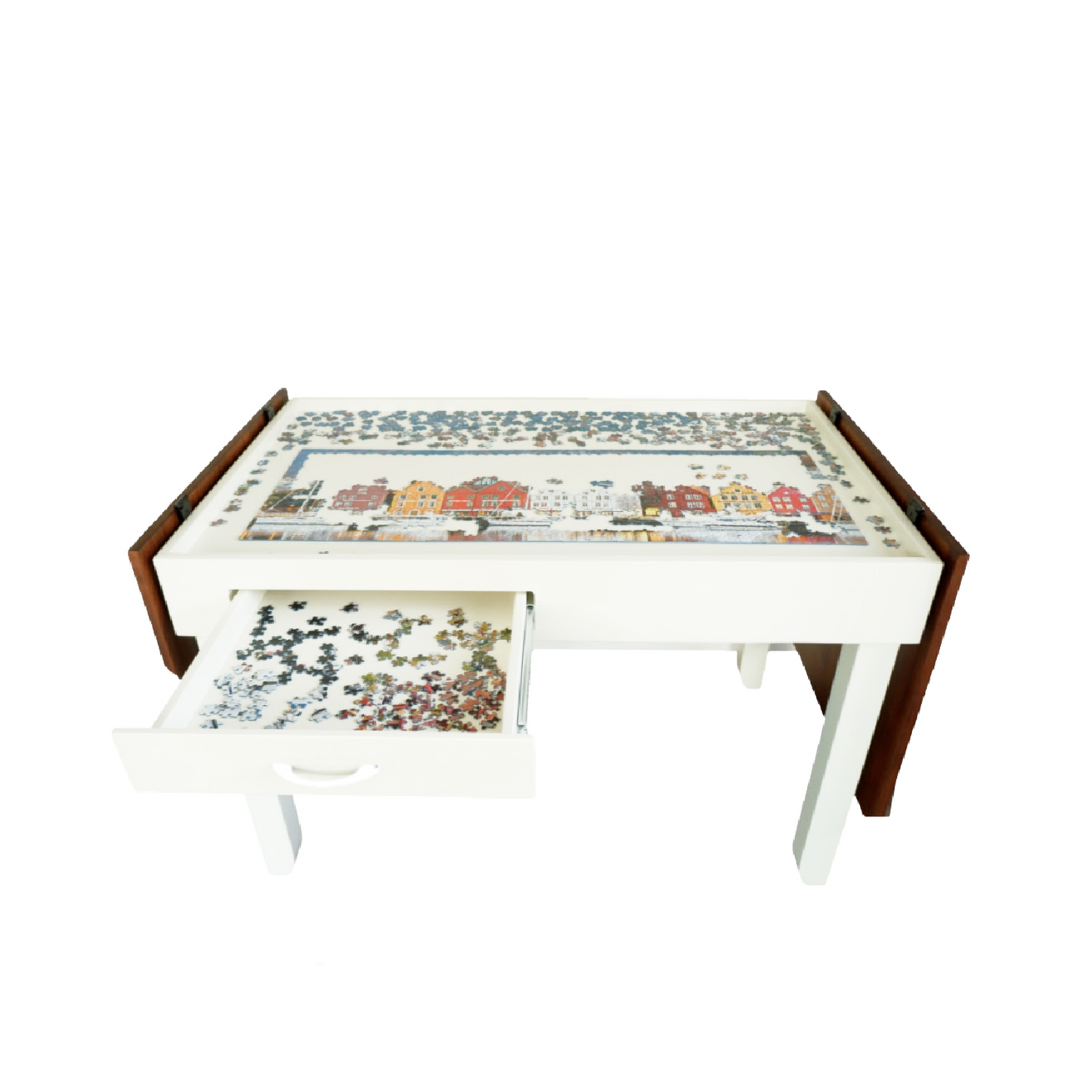 large puzzle table with tabletop fully open to reveal the jigsaw puzzle recessed work area - open storage drawer for additional jigsaw puzzle pieces