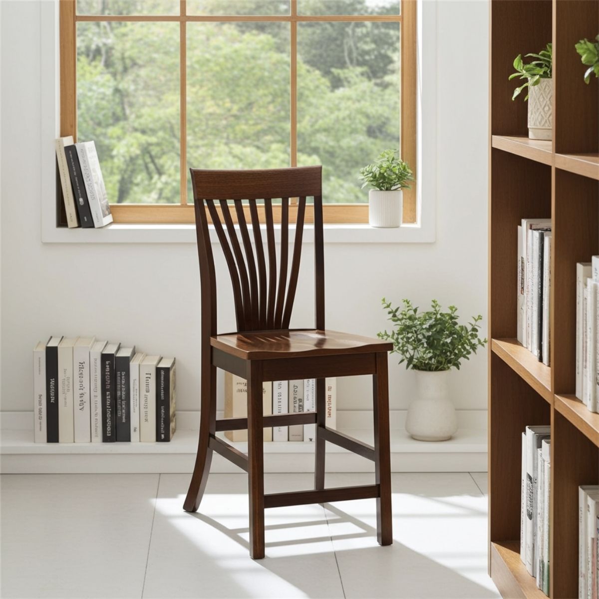 A dark brown wooden chair with a slatted back and seat, positioned in a bright room in front of a window with a wooden frame. The room features a white tiled floor, a bookshelf on the right, and potted plants.
