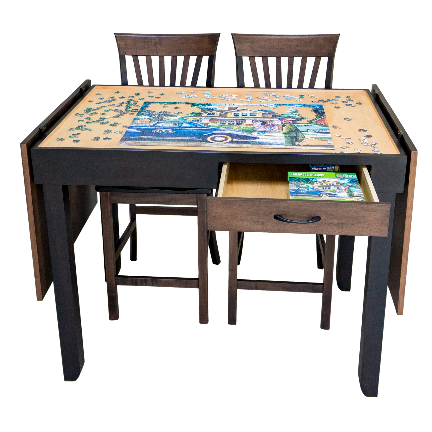 counter height jigsaw puzzle table with cover - fully flipped open and sorting/storage drawer open