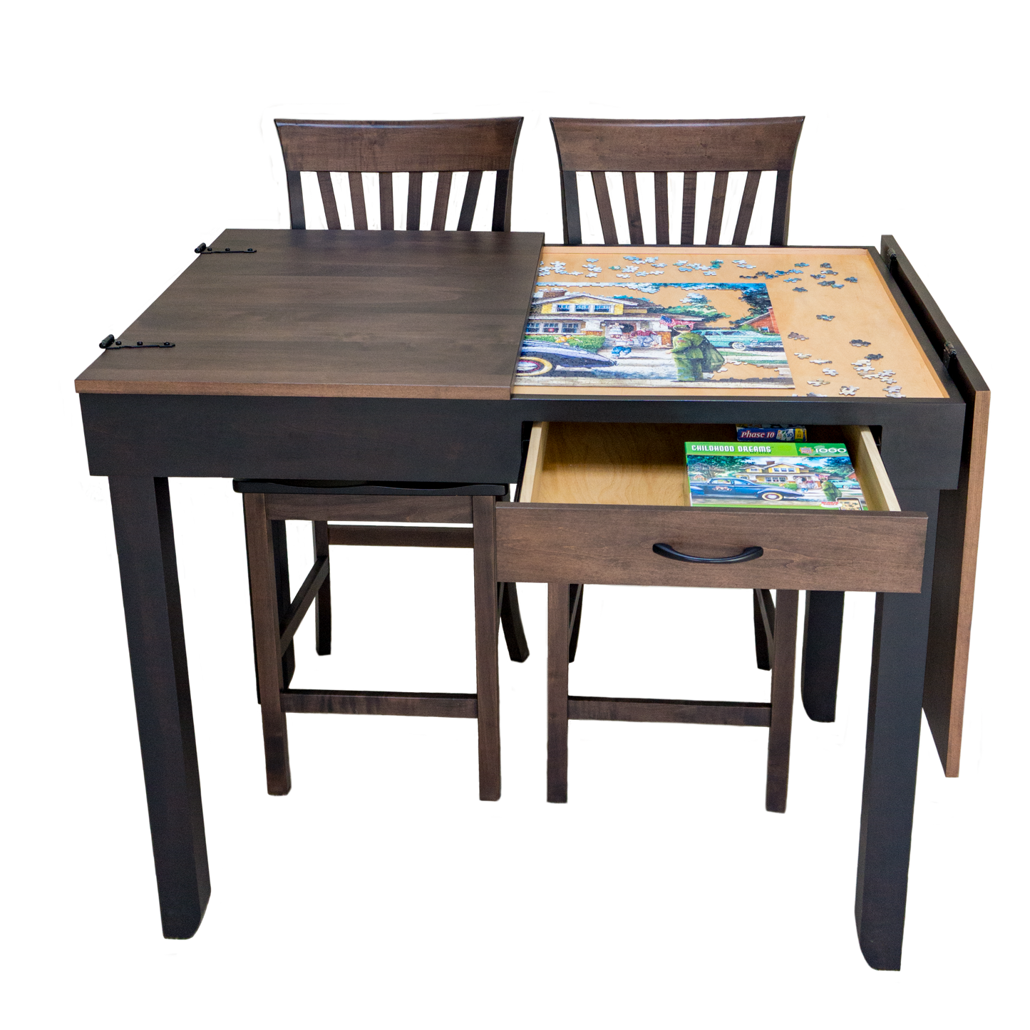 the best puzzle table with a split top lid - the tabletop is partially open to reveal the jigsaw puzzle in the recessed storage area