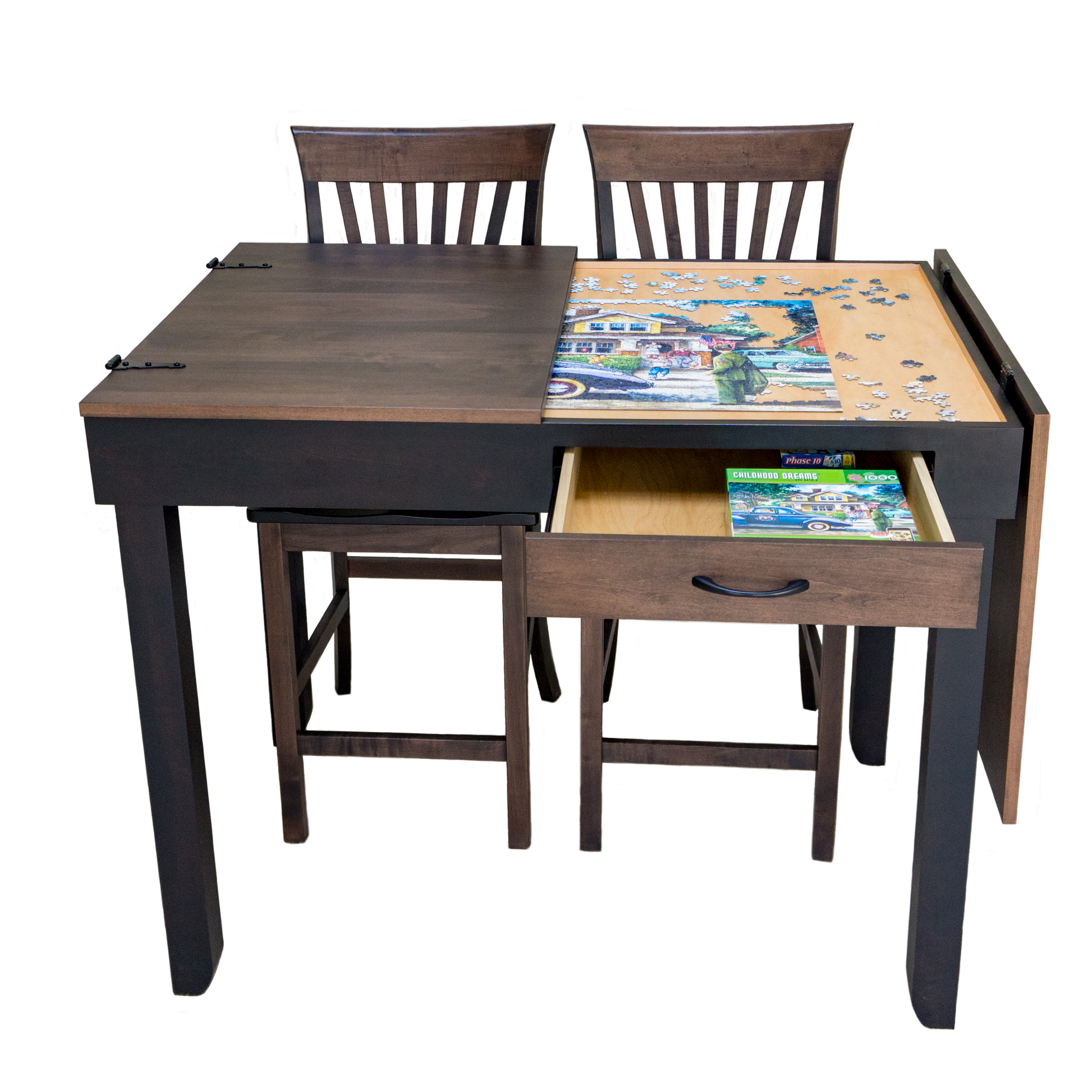 the best puzzle table with a split top lid - the tabletop is partially open to reveal the jigsaw puzzle in the recessed storage area