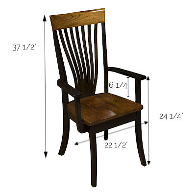 A wooden dining chair shown on a white background with dimension arrows and labels indicating height, arm width, seat width, and depth.