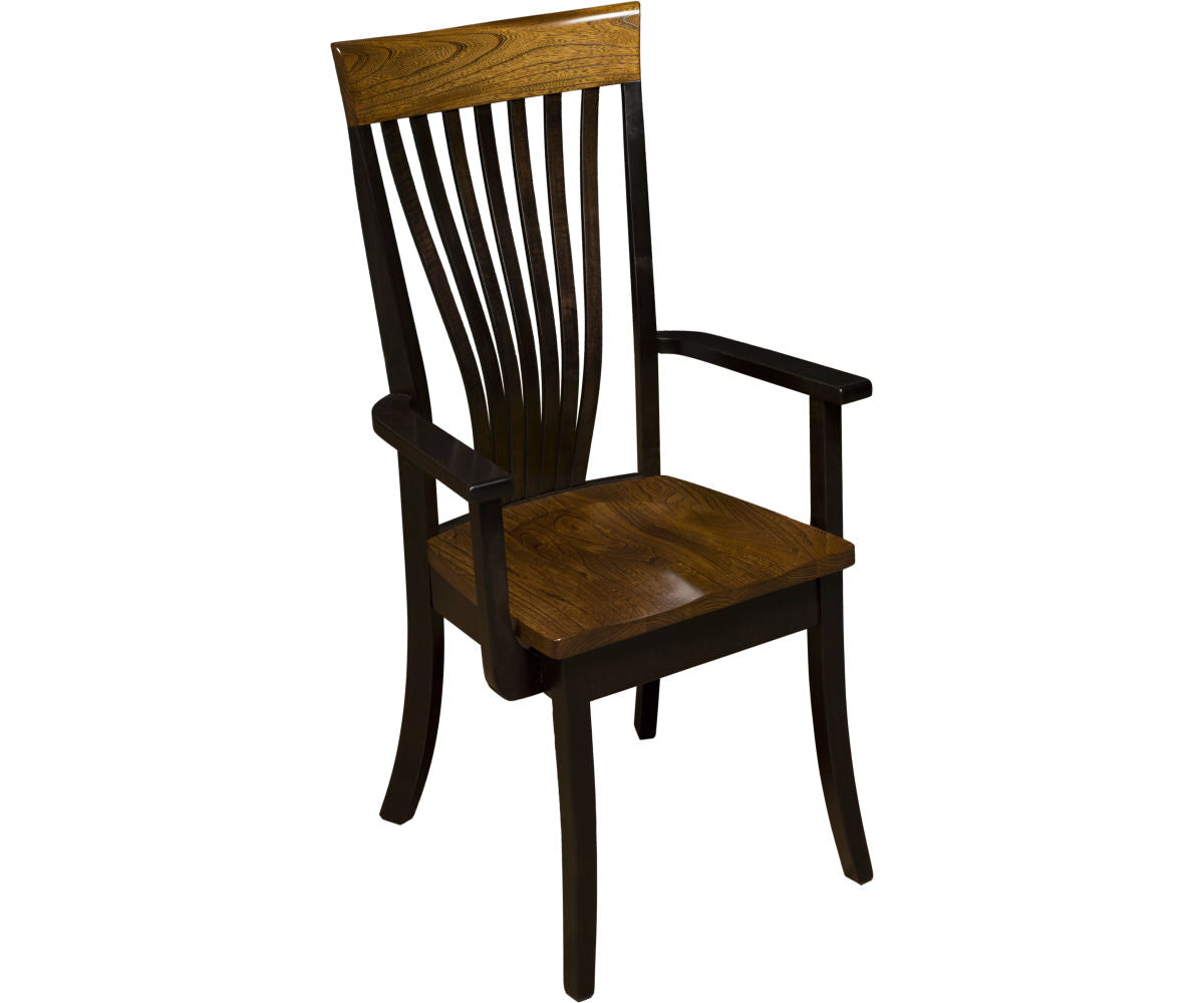 A wooden dining armchair with a dark brown frame, a medium brown seat and backrest, and a slatted back design, shown against a plain white background.