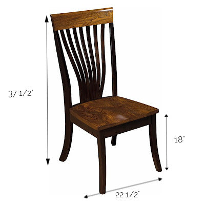 A wooden dining chair shown on a white background with dimension arrows and labels indicating a height of 37 1/2 inches, width of 22 1/2 inches, and back height of 18 inches.
