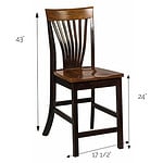 A wooden dining chair shown on a white background with dimension lines and labels indicating 43 inches high, 24 inches wide, and 35 1/3 inches deep.
