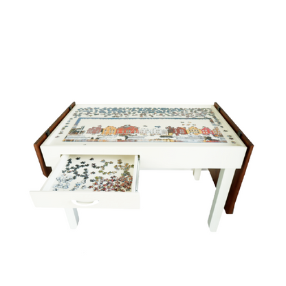 desk height multipurpose jigsaw puzzle table with tabletop fully open to revel the jigsaw puzzle in progress