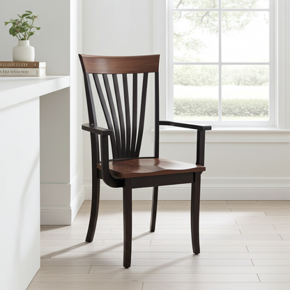 Christy Fanback Desk Height Arm Chair in a white room with a window in the background