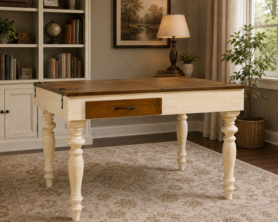 A rustic farmhouse-style jigsaw puzzle table  with a whitewashed distressed frame, turned legs, and a medium brown wood top and drawer front, shown in a styled home office setting with a bookshelf, lamp, and plants.