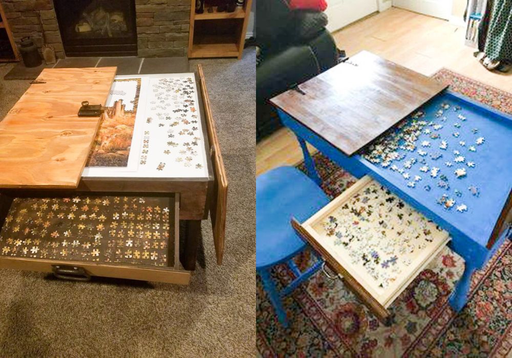 A split-screen photo showing two views of a puzzle table in a home setting. The left view shows a wooden table with a hinged lid opening to reveal drawers filled with puzzle pieces, and a puzzle  laid on top. The right view is of a blue table base with a brown stained top with a pull out drawer full of jigsaw puzzle pieces. 