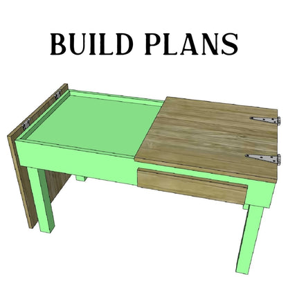 Diagram of a jigsaw puzzle table with a green base and wooden top, labeled 'BUILD PLANS'.