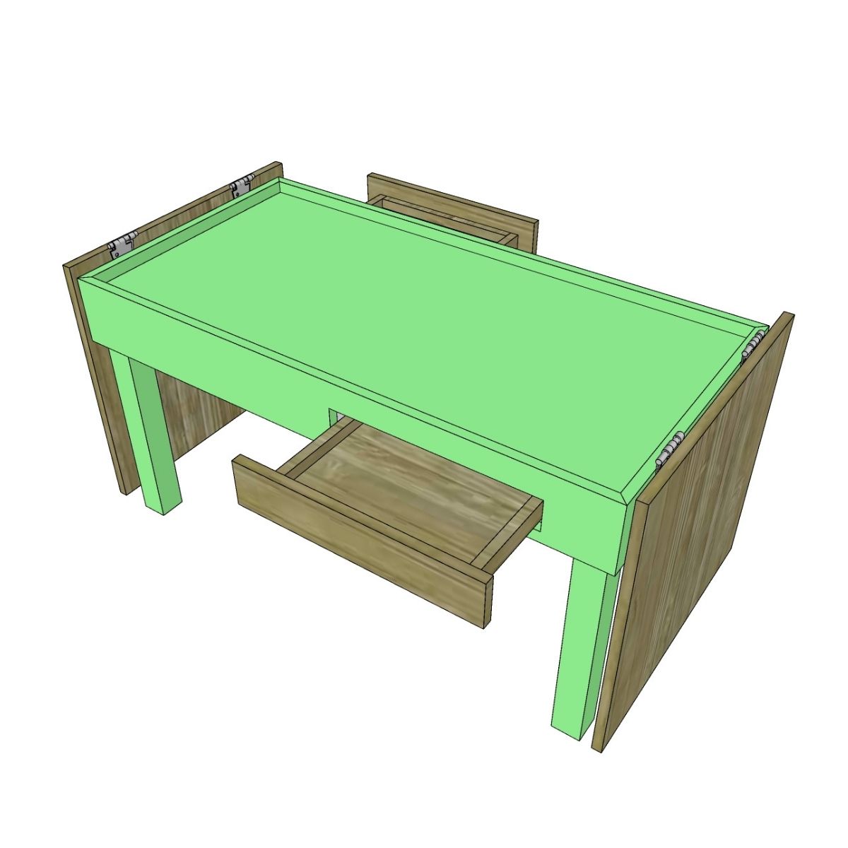 A 3D CAD rendering of a wooden jigsaw puzzle coffee table with a bright green tabletop and light brown wood frame, featuring an open drawer and a second drawer partially pulled out, set against a plain white background.