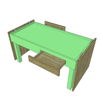 A 3D CAD rendering of a wooden jigsaw puzzle coffee table with a bright green tabletop and light brown wood frame, featuring an open drawer and a second drawer partially pulled out, set against a plain white background.