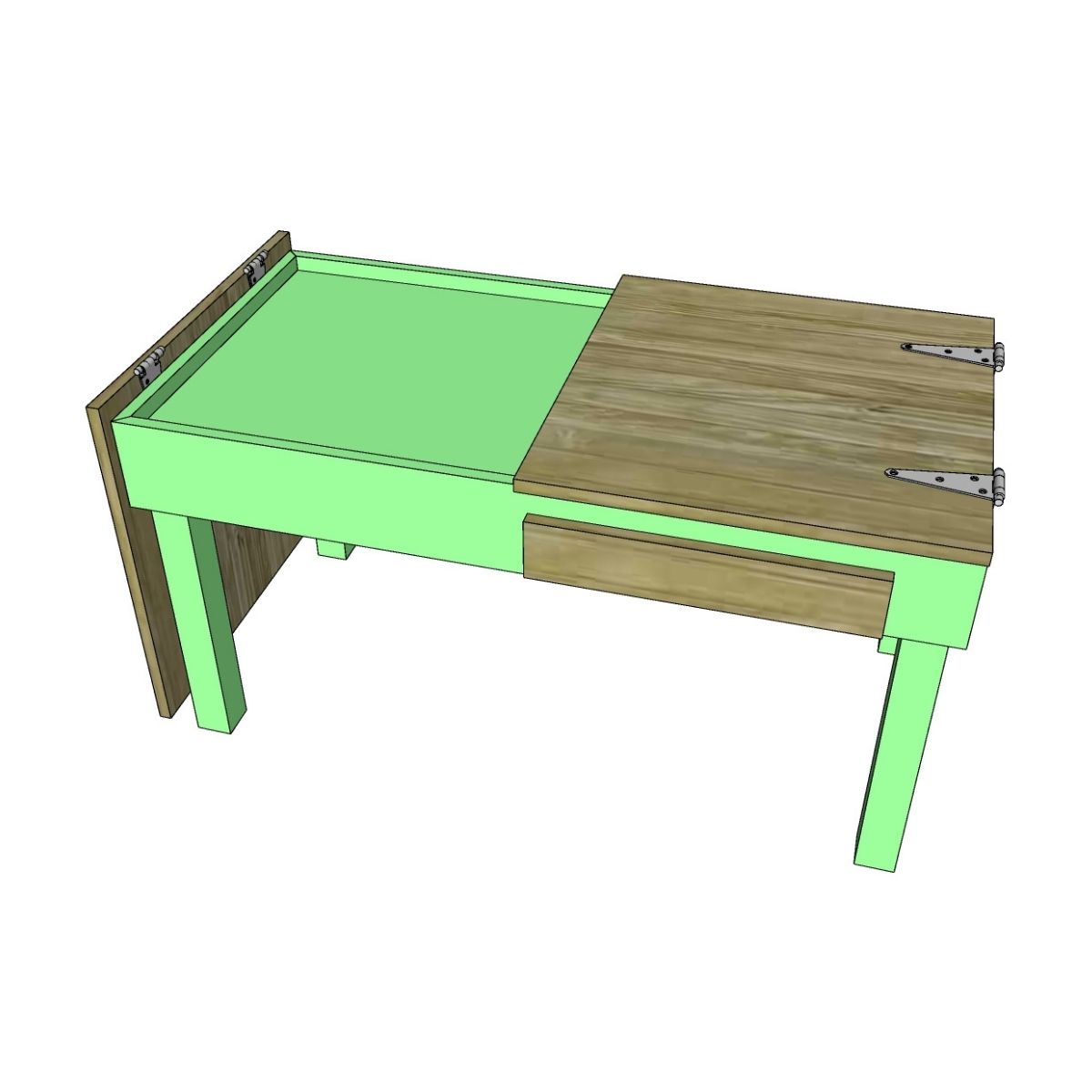 A 3D CAD rendering of a wooden jigsaw puzzle table with a bright green frame and a light brown wood-grain tabletop, featuring a drawer and hinges, shown on a plain white background.