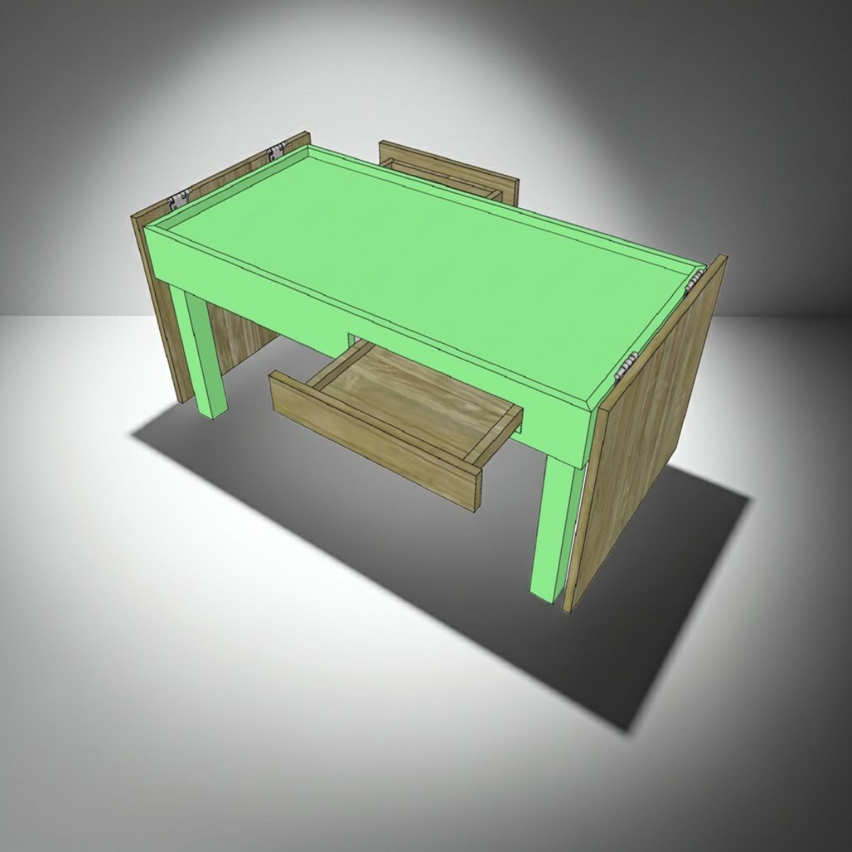A 3D rendering of a wooden jigsaw puzzle coffee table with a bright green tabletop and legs, featuring a pull-out drawer and a matching tabletop, shown on a gray gradient background.
