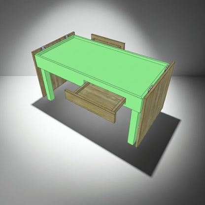 A 3D rendering of a wooden jigsaw puzzle coffee table with a bright green tabletop and legs, featuring a pull-out drawer and a matching tabletop, shown on a gray gradient background.