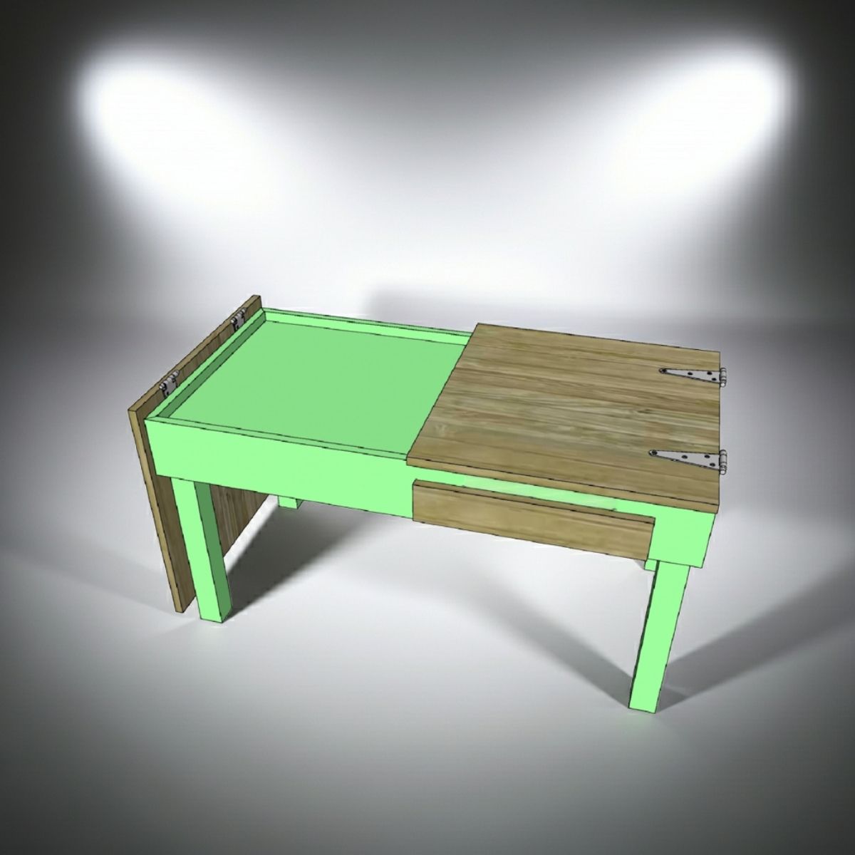 A jigsaw puzzle table with a bright mint green frame and a light brown wood-grain top, shown in a 3D render on a gray gradient background with spotlight effects.