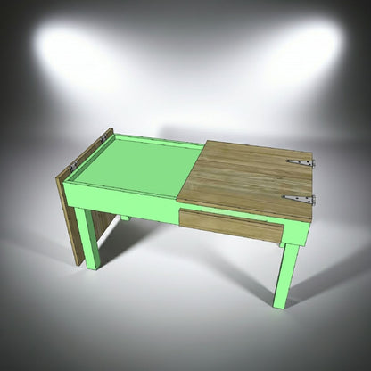 A jigsaw puzzle table with a bright mint green frame and a light brown wood-grain top, shown in a 3D render on a gray gradient background with spotlight effects.