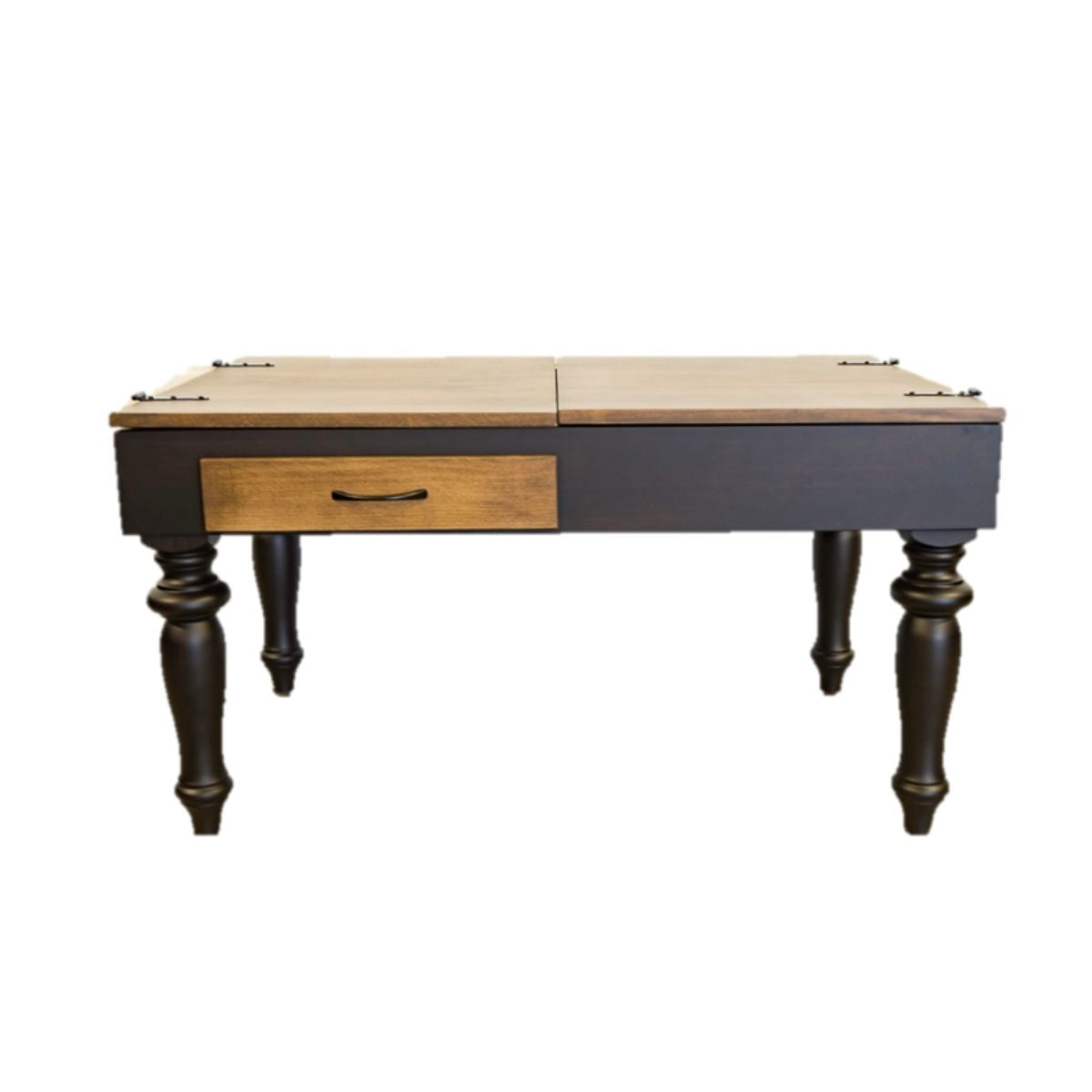 A jigsaw puzzle coffee table with a light natural wood top, a single medium-brown drawer with a dark metal handle, and a dark black table base with dark turned legs.