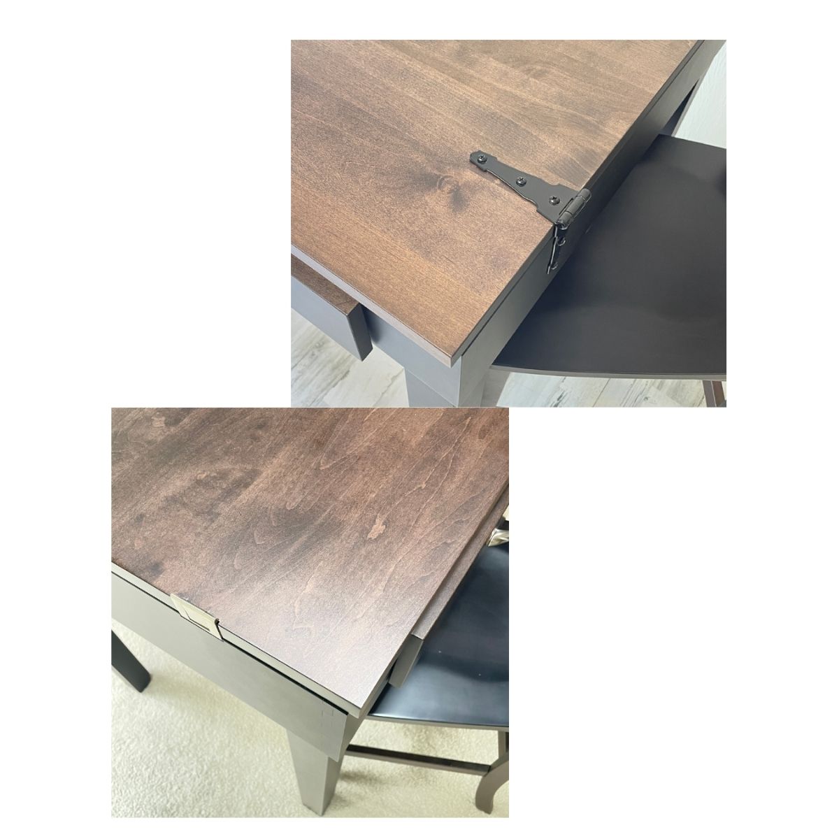 A dark brown wood jigsaw puzzle table, shown in two close-up views highlighting the different hinge styles of strap or modern.