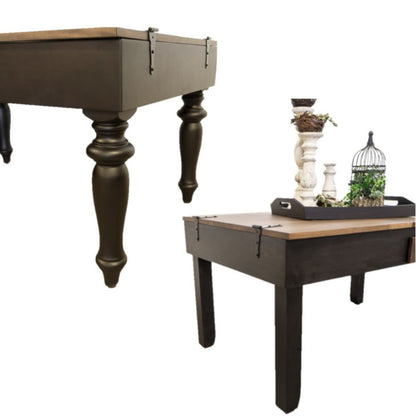 A dark brown jigsaw puzzle storage table shown in two views: a close-up of the turned legs and a wider view of the table with a straight leg and decorative items on a tray.