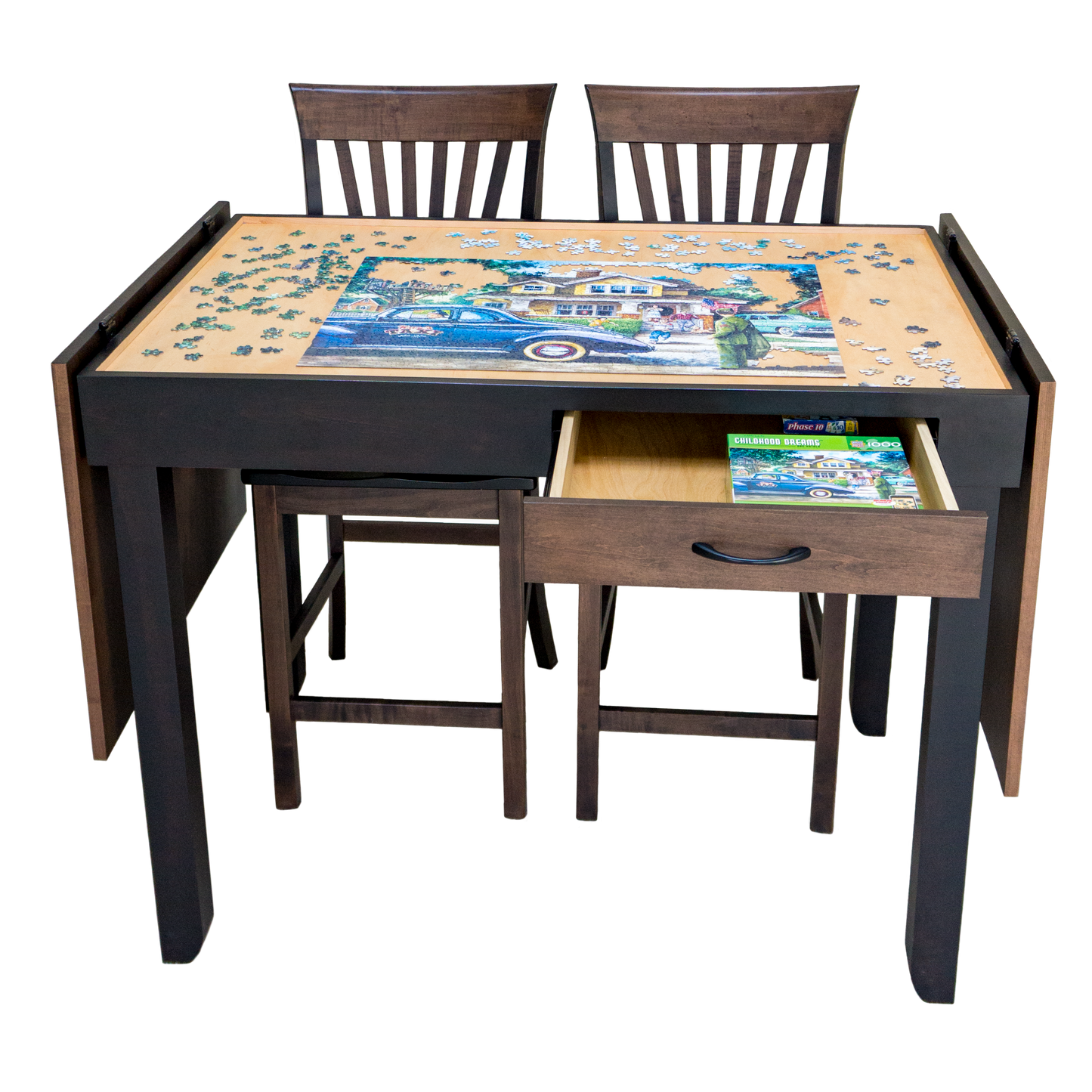 counter height jigsaw puzzle table with tabletop fully flipped open and sorting/storage drawer open