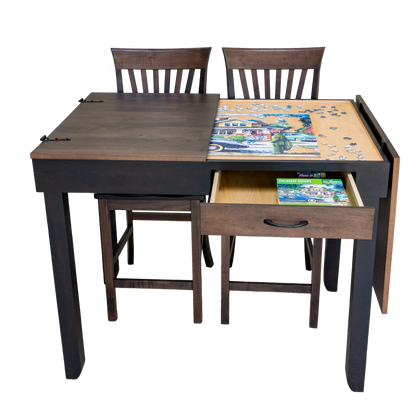 counter height jigsaw puzzle table with split top lid with tabletop partially open 