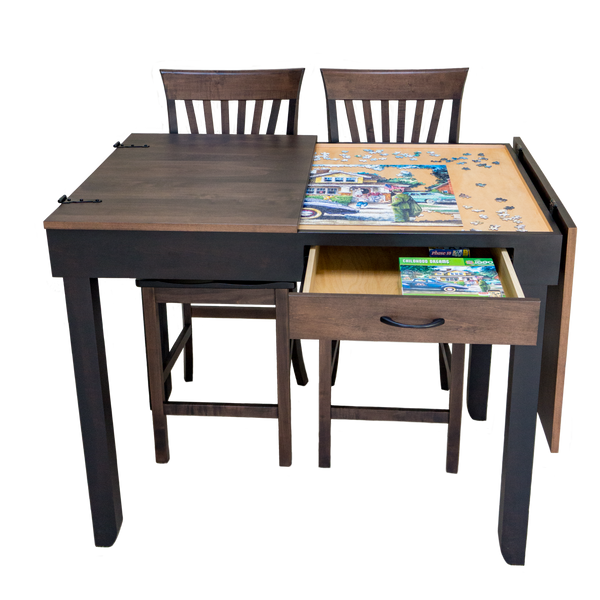 Counter height Custom Jigsaw Puzzle Table with a lid half opened